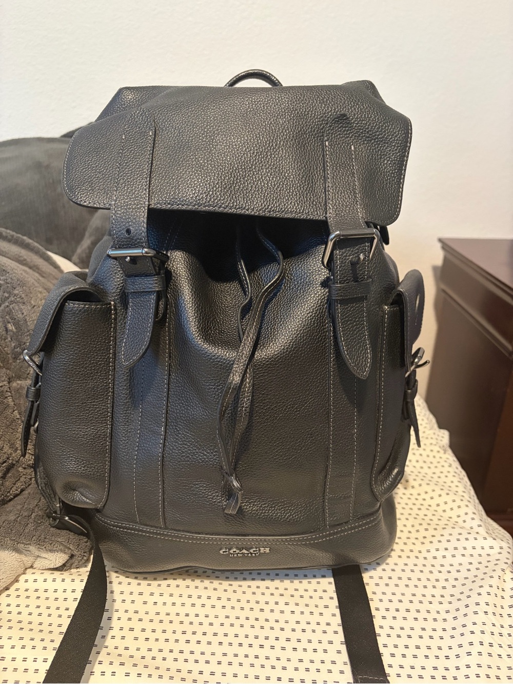 Coach Men's Black Pebbled Leather Backpack with Branded Tag